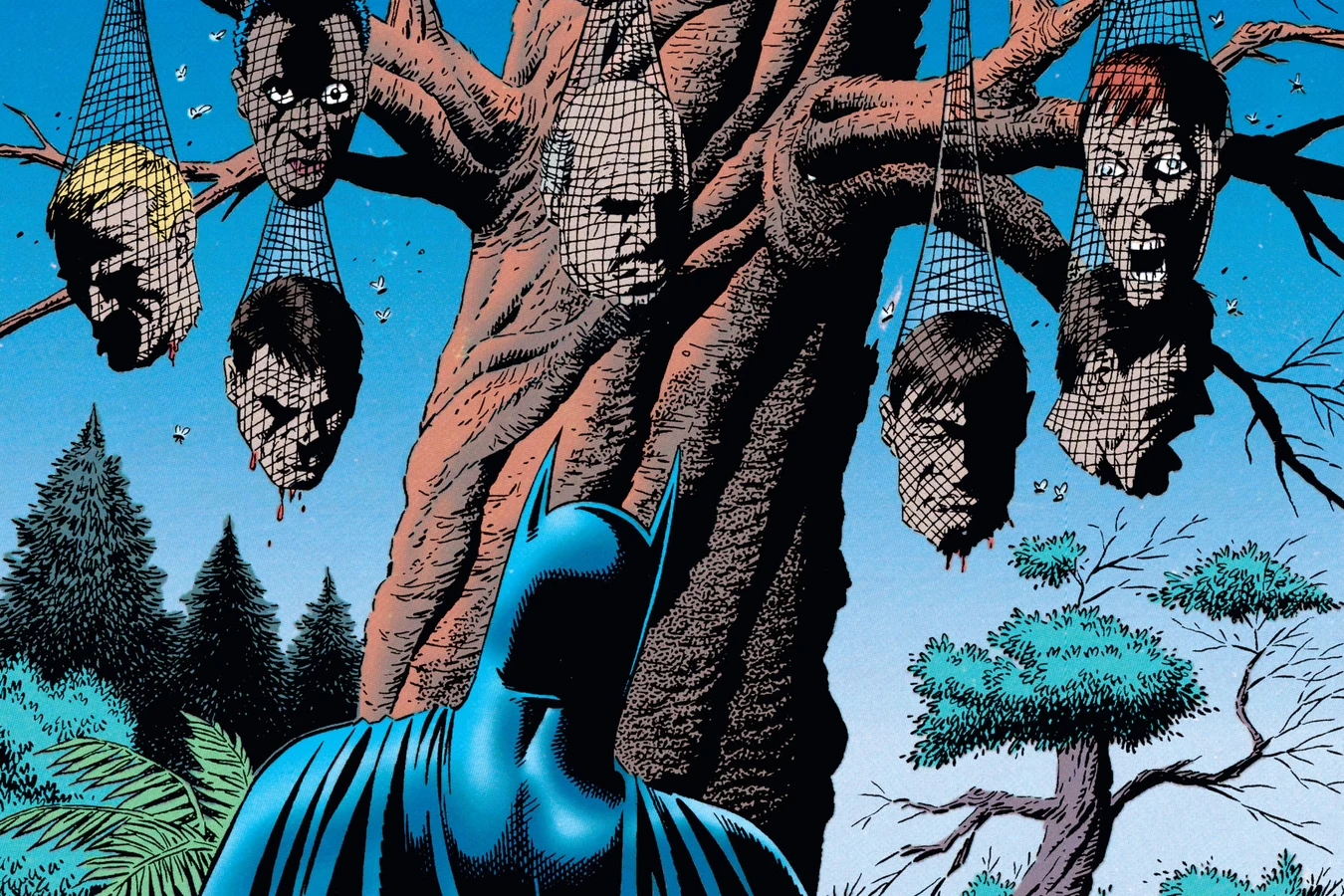 Batman looking up at a tree in the Palisades hung with human heads in nets, art from Batman vs. Predator II: Bloodmatch