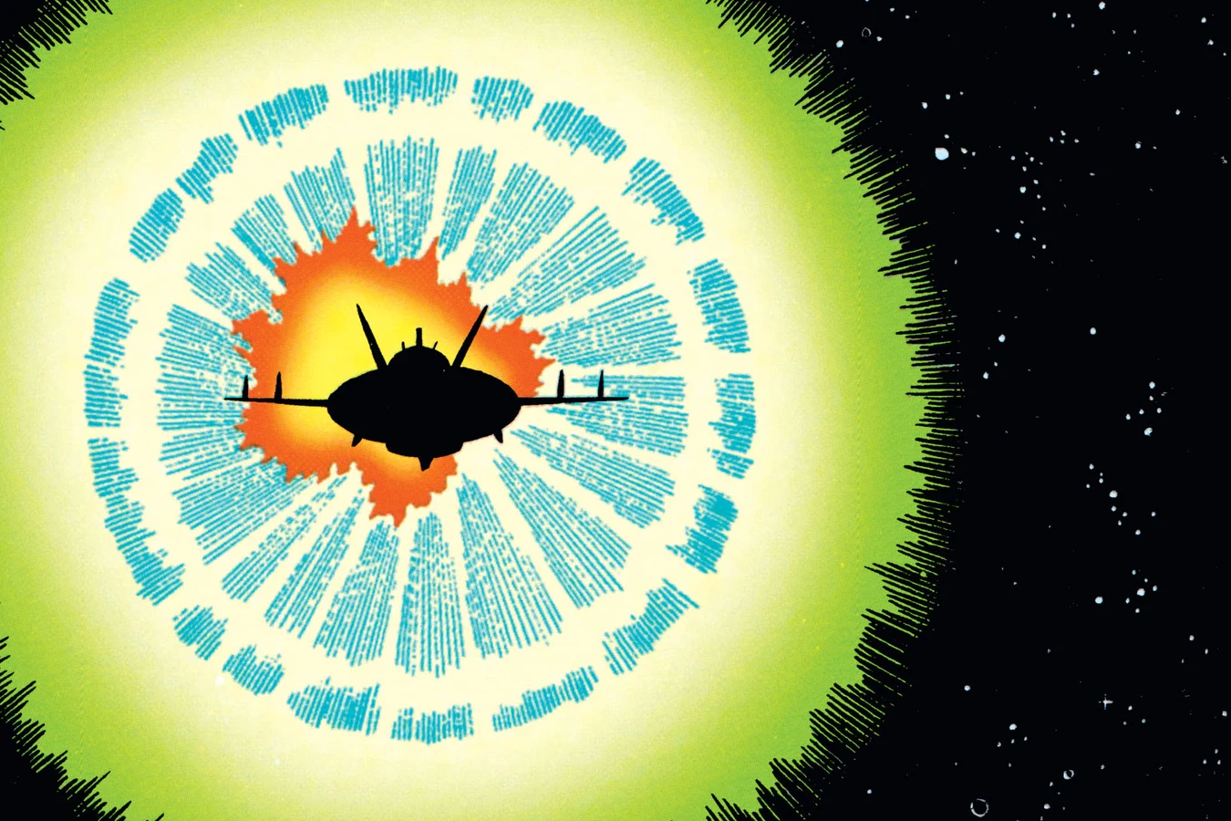 A Yautja ship silhouetted against a blazing green and orange flare in space, art from Batman vs. Predator II: Bloodmatch