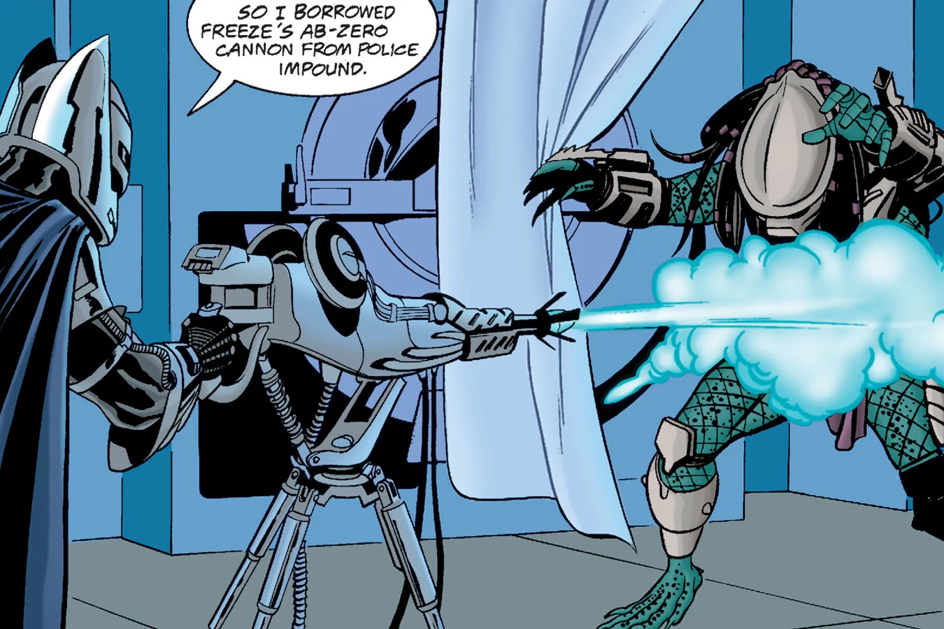 Batman in his insulated armor firing Mr. Freeze's ab-zero cannon from a tripod at a Predator lunging through the laundry room curtains, art from Batman vs. Predator III: Blood Ties