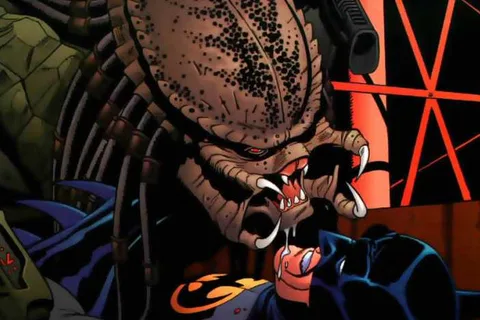 Rodolfo Damaggio's cover for Batman vs. Predator III #1, a Predator snarling over a bleeding Batman among Gotham water towers