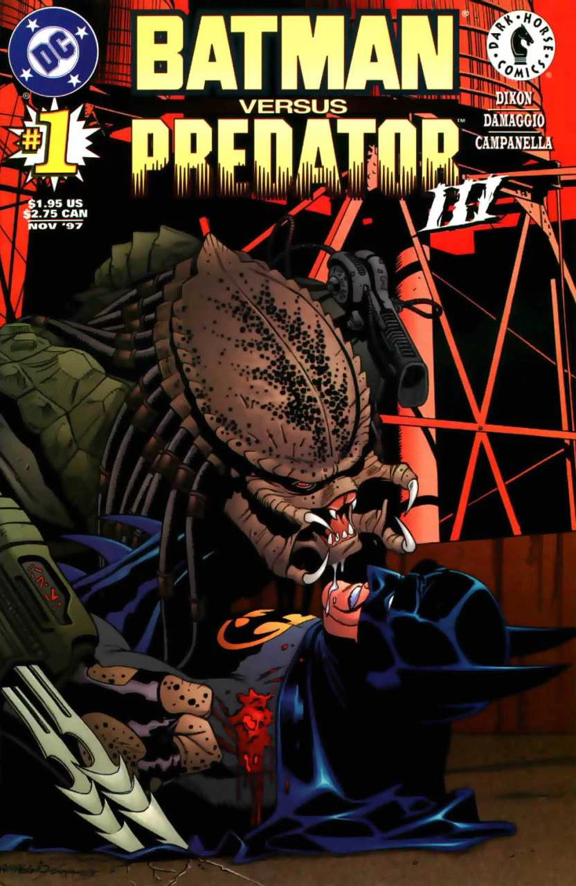 Rodolfo Damaggio's cover for Batman vs. Predator III #1, a Predator snarling over a bleeding Batman among Gotham water towers