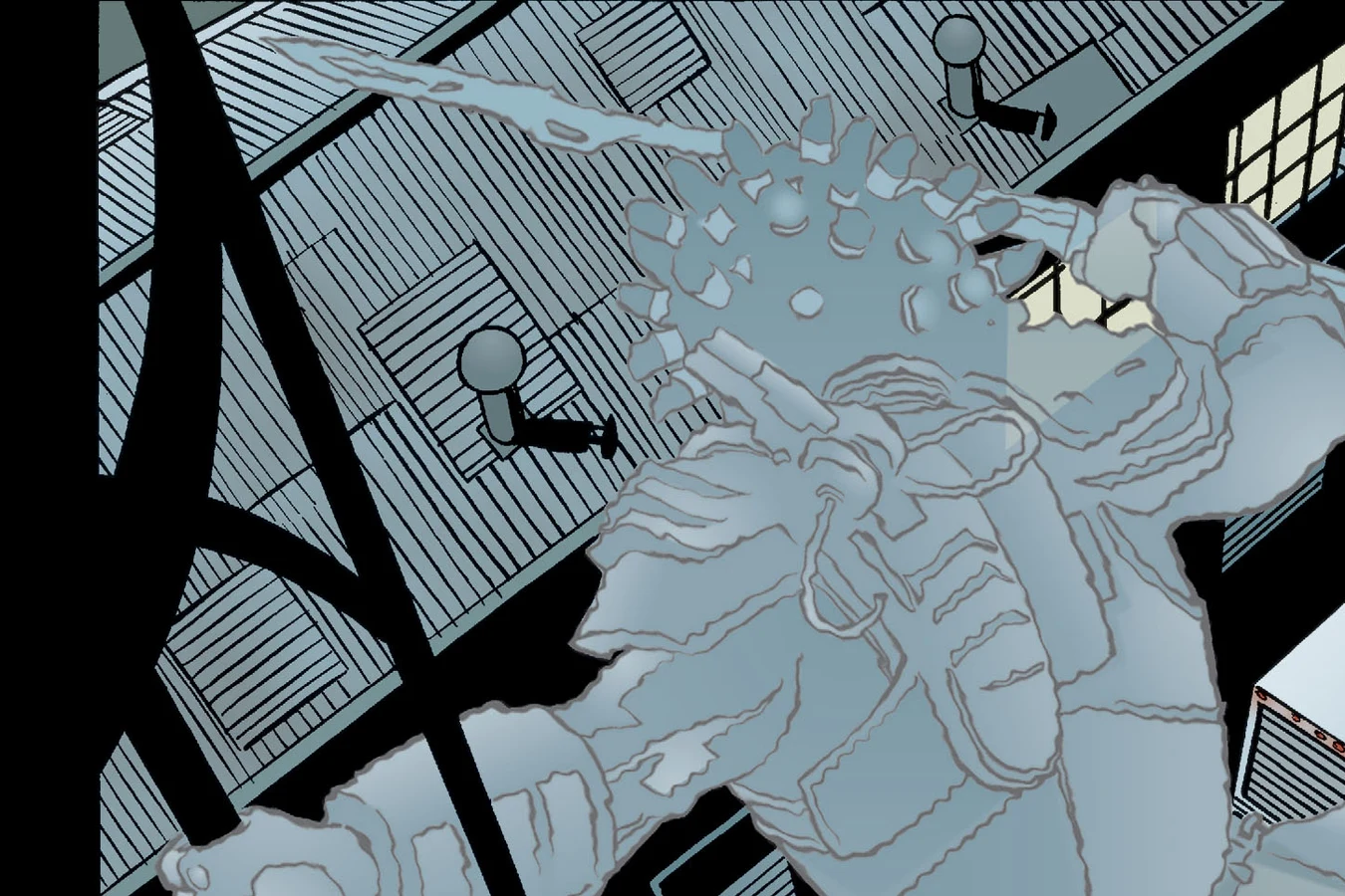 A cloaked Predator leaping across a Gotham rooftop, its shape barely visible against the tiles, art from Batman vs. Predator III: Blood Ties