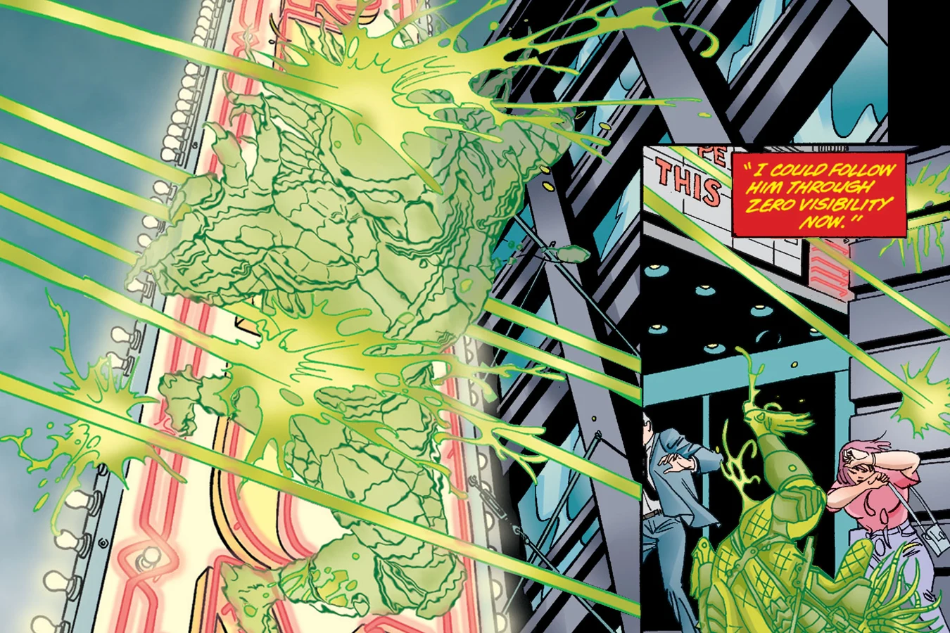 A cloaked Predator lit up in green radium paint as it leaps past a neon theater marquee and lands among startled pedestrians, art from Batman vs. Predator III: Blood Ties