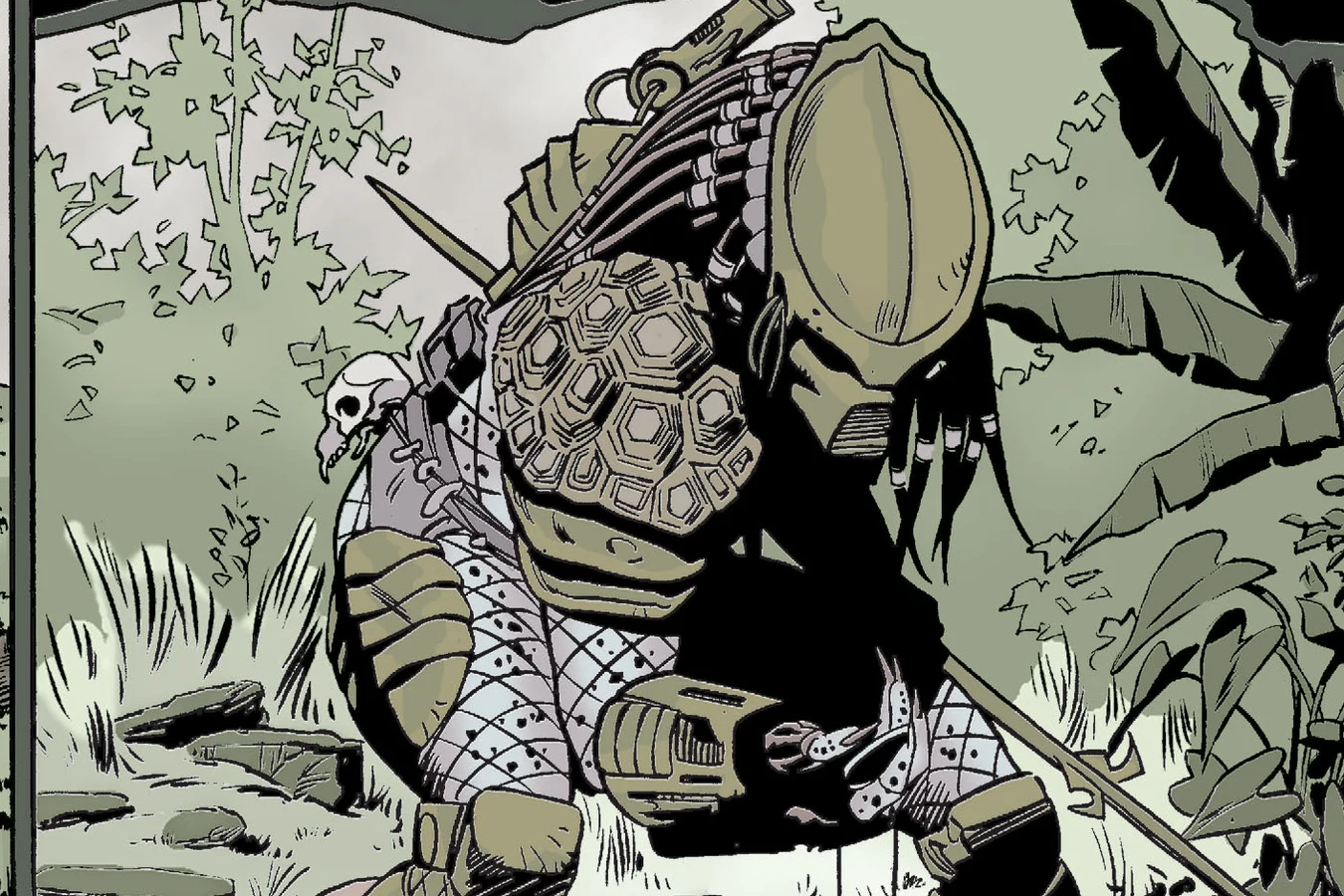 A Predator with a skull on its armor crouching over a dead Spanish conquistador in a jungle clearing, art from Batman vs. Predator III: Blood Ties