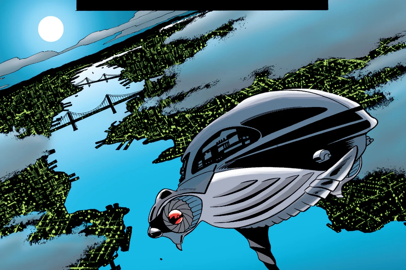 A Yautja ship flying away over the lights of Gotham City under a full moon, art from Batman vs. Predator III: Blood Ties