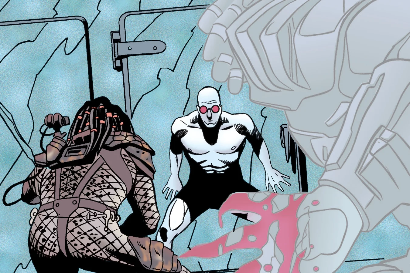 A Predator crouched among the bodies of Mr. Freeze's crew while the startled Mr. Freeze stands behind it, art from Batman vs. Predator III: Blood Ties