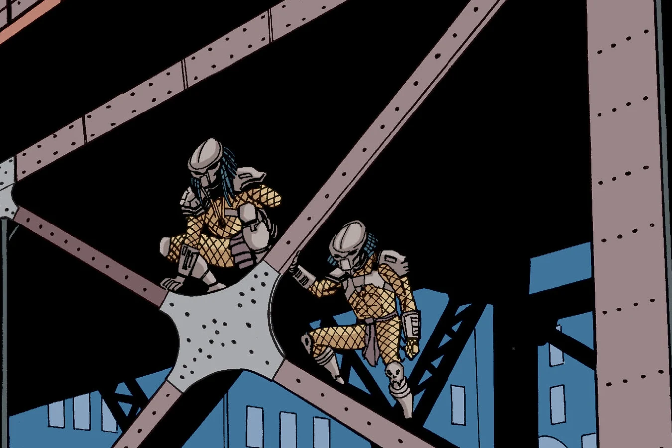 Two Predators crouching on the steel girders under a bridge above a city street, art from Batman vs. Predator III: Blood Ties