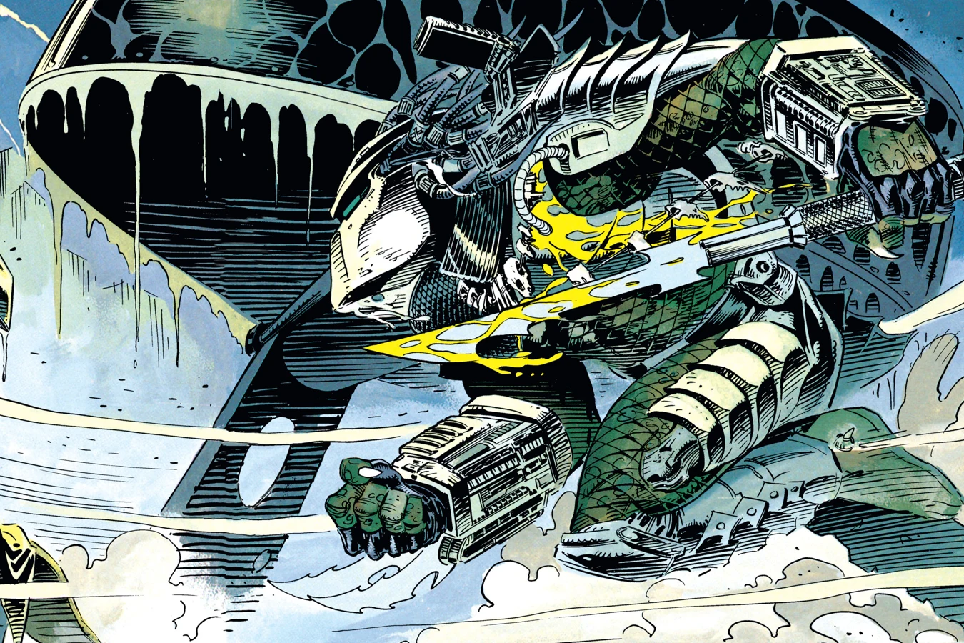 The Predator lunging forward with its plasma caster and wrist blades as it charges across a rooftop in Batman vs. Predator