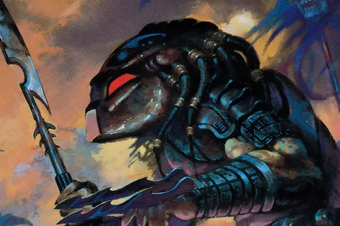 Arthur Suydam's painted cover for Batman vs. Predator #1, Batman facing a spear-wielding Predator among bats and skulls