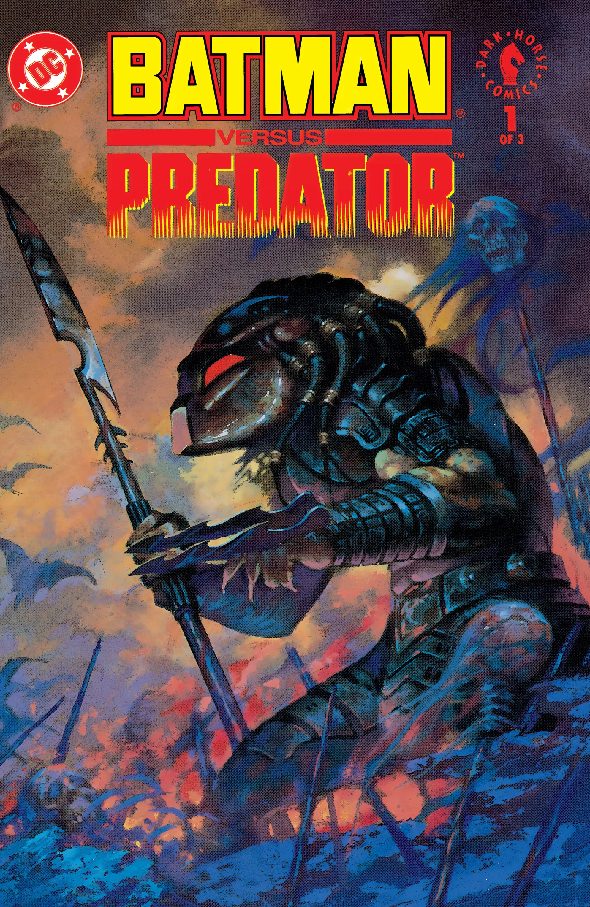 Arthur Suydam's painted cover for Batman vs. Predator #1, Batman facing a spear-wielding Predator among bats and skulls