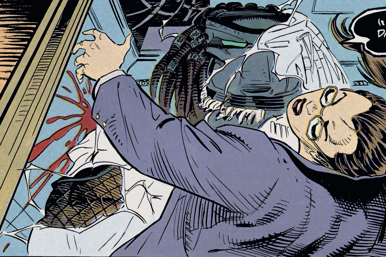 The Predator looming over Raymond Squire's terrified secretary as it asks good day at the office in Batman vs. Predator
