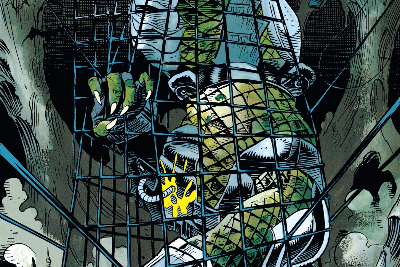 The Predator tangled in a giant net in the Batcave as an armored Batman descends behind it in Batman vs. Predator