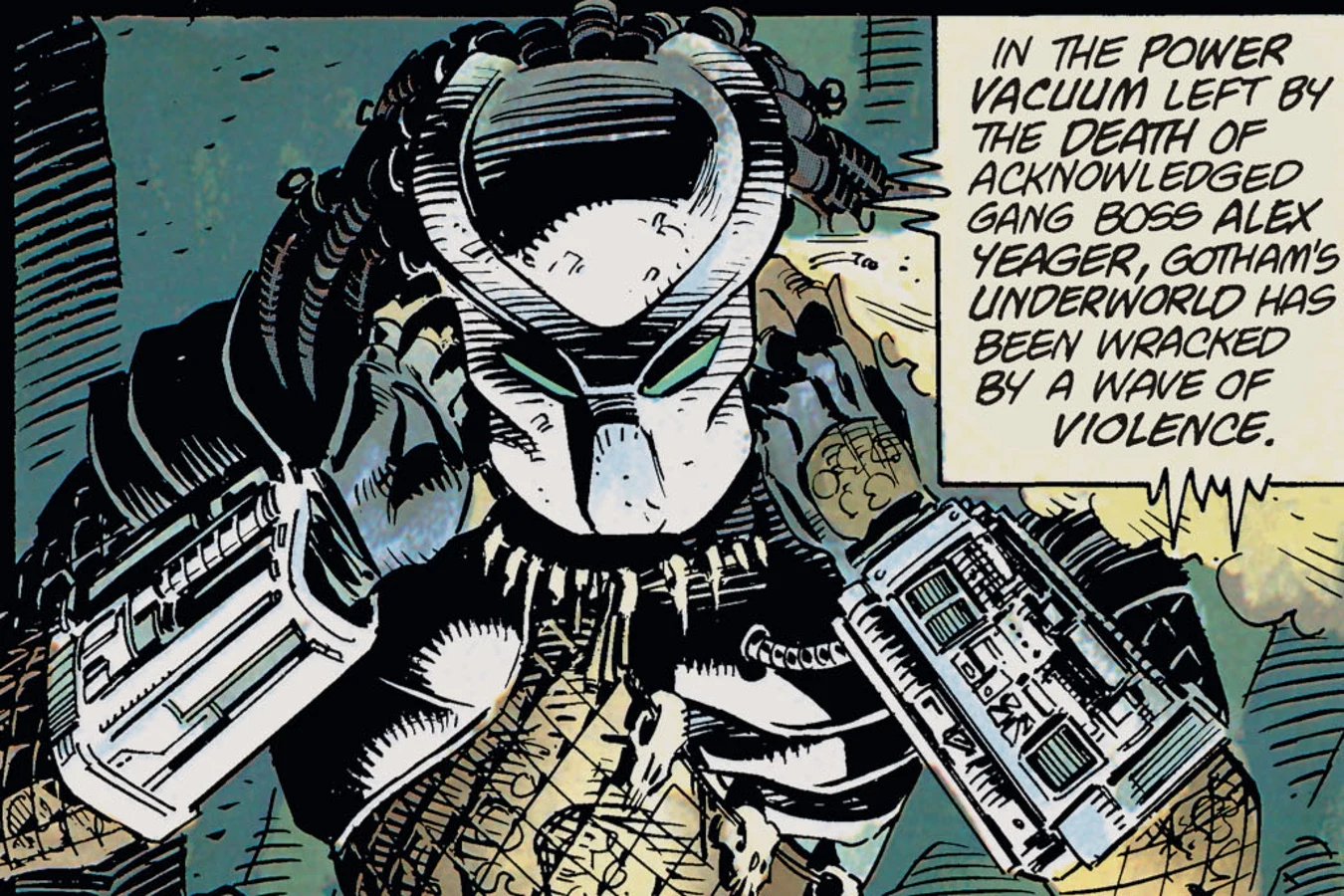 The masked Predator standing with both wrist gauntlets raised beside a caption about Gotham's gang war in Batman vs. Predator