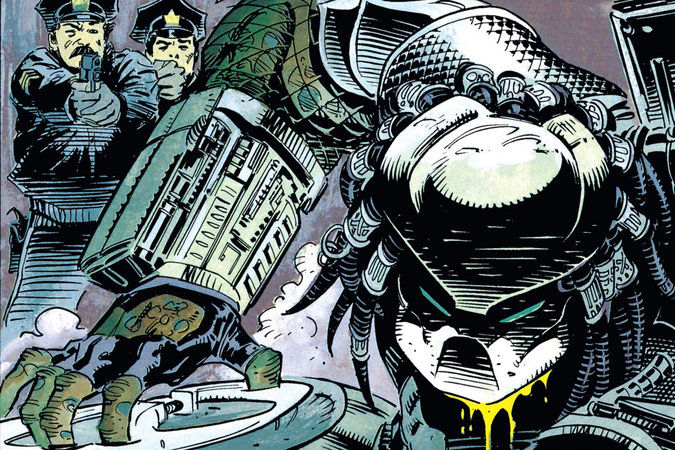 The Predator landing on a crushed police car with its disc in hand and yellow blood dripping from its mask in Batman vs. Predator