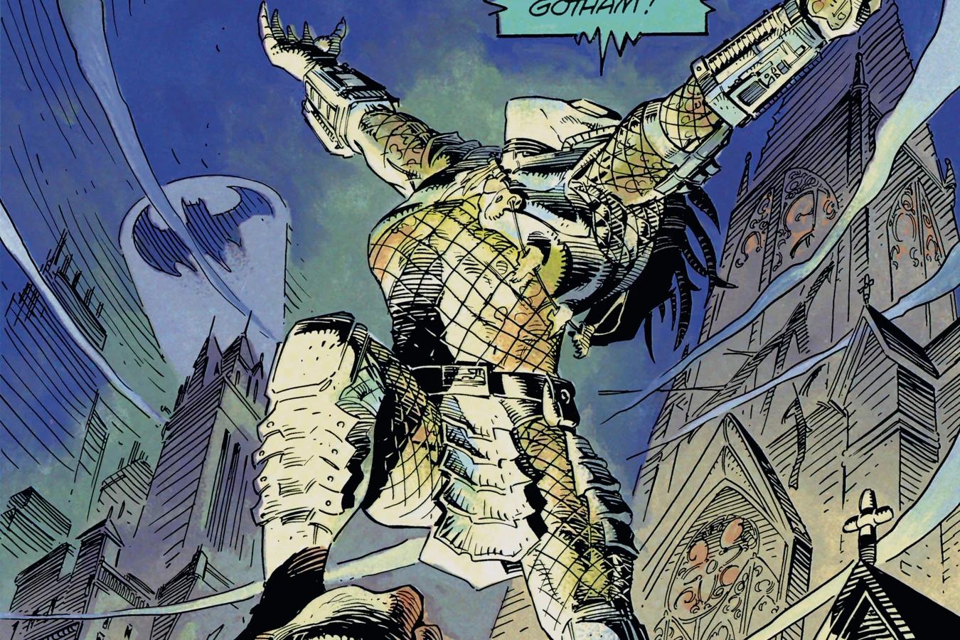 The Predator standing on a stone gargoyle with its arms raised below the Bat-Signal and the words Batman has deserted Gotham in Batman vs. Predator