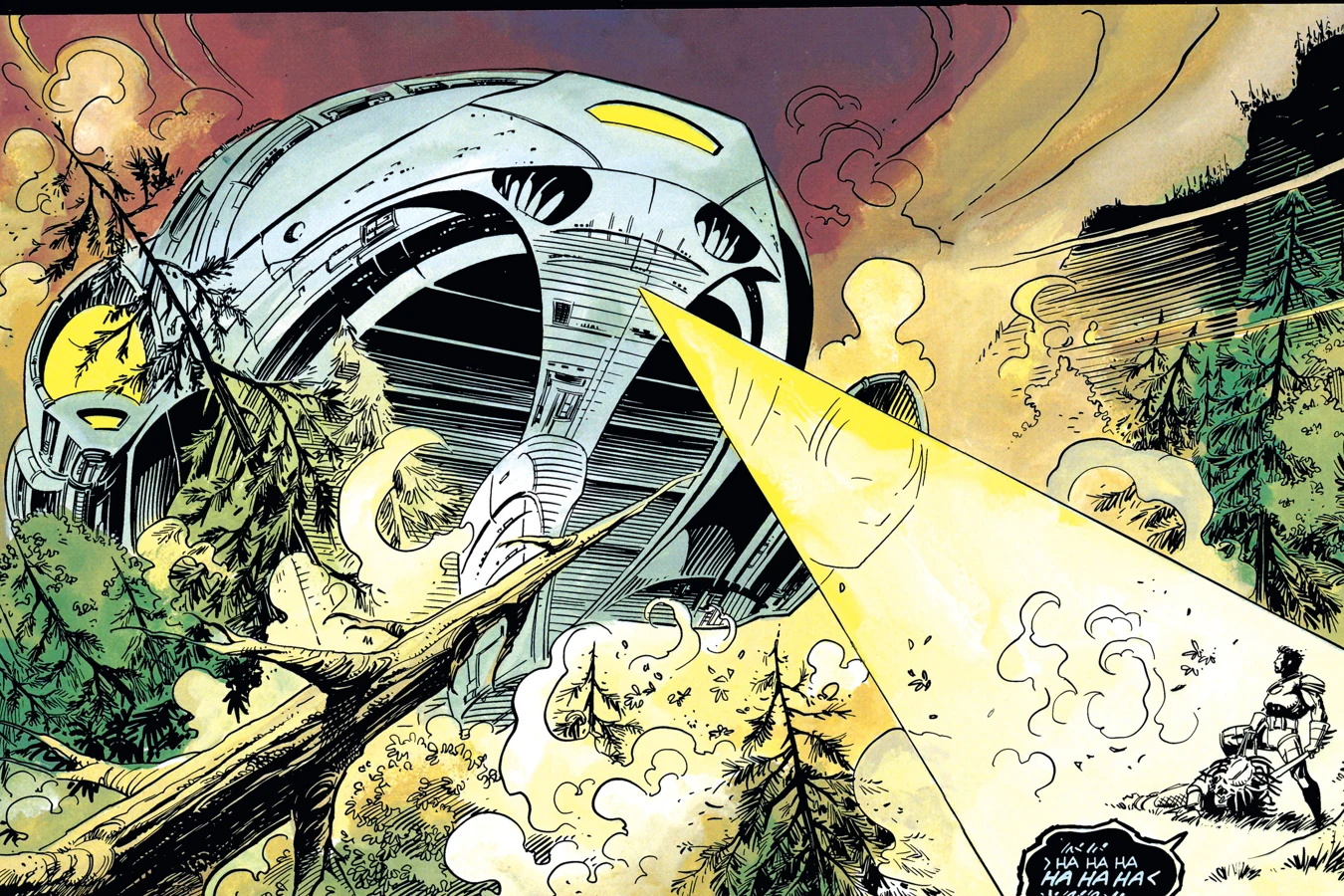 A huge Predator spaceship landing among fallen trees in the woods with a beam of light shining down in Batman vs. Predator