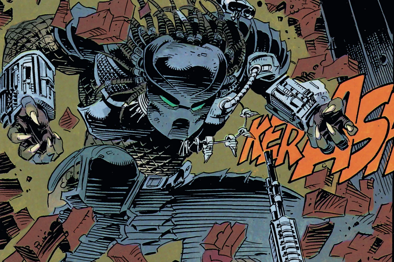 The Predator bursting through a brick wall into Leo Brodin's strong room in Batman vs. Predator