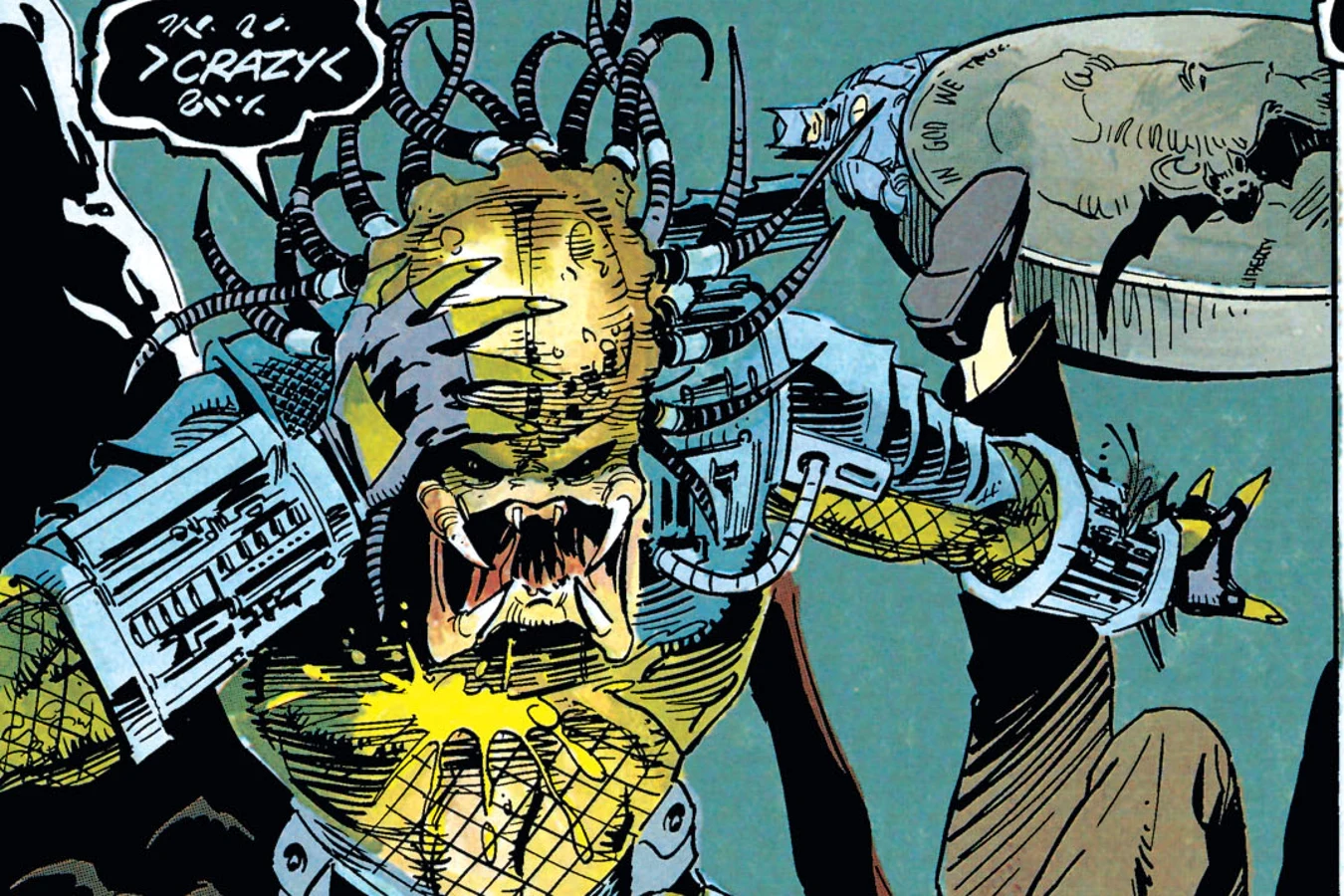 The unmasked Predator throwing Alfred down the Batcave stairs as it snarls crazy in Batman vs. Predator