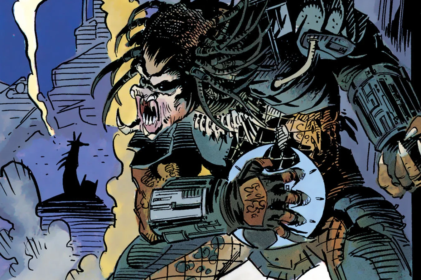 The unmasked Predator roaring with a spinning disc in its hand amid smoke at the junkyard in Batman vs. Predator