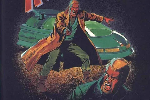 CRL Blade Runner 1985 Commodore 64 cover with a trench-coated bounty hunter and spinner