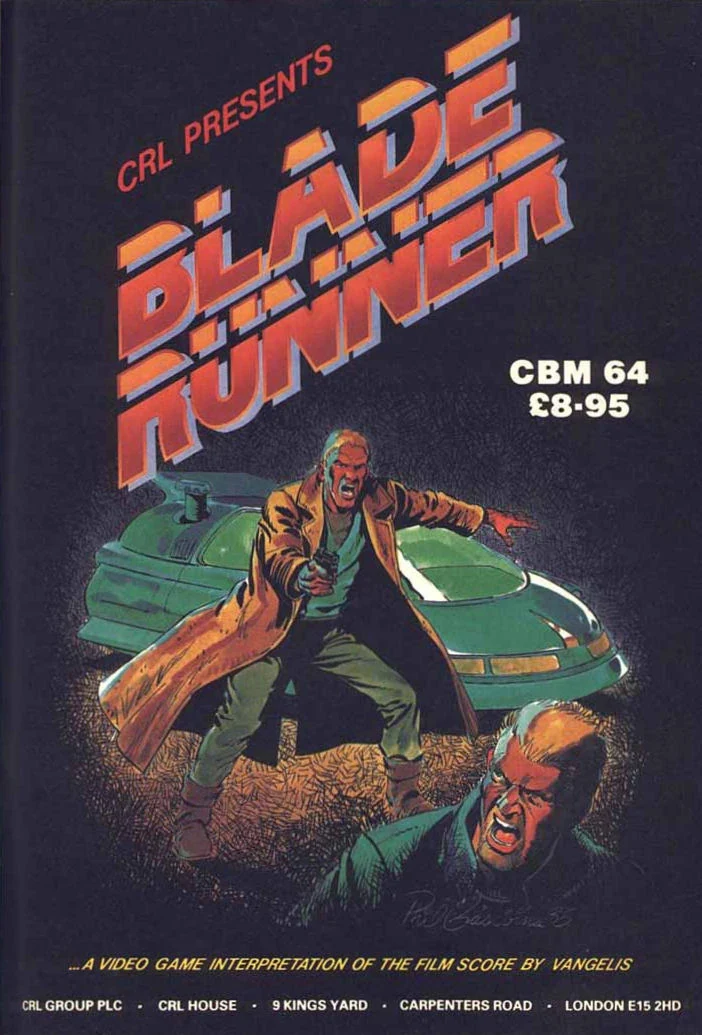 CRL Blade Runner 1985 Commodore 64 cover with a trench-coated bounty hunter and spinner