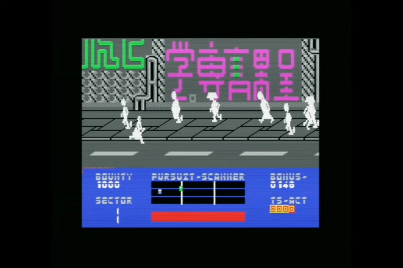 Side-scrolling street chase through crowds in CRL Blade Runner 1985