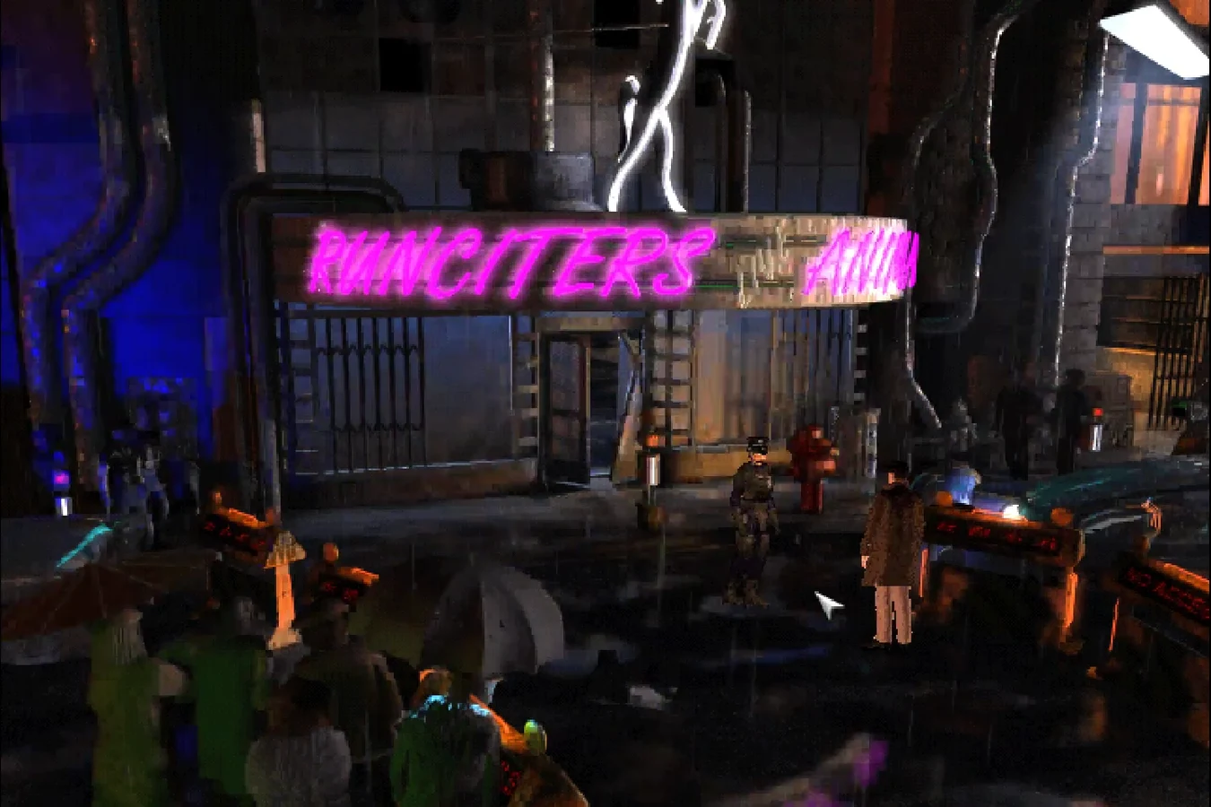 The rainy street outside Runciter's Animals in the Blade Runner 1997 game