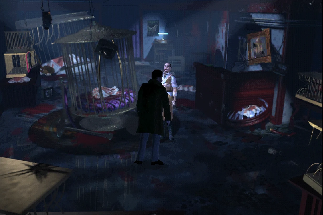 Ray McCoy inside Runciter's wrecked animal shop in the Blade Runner 1997 game