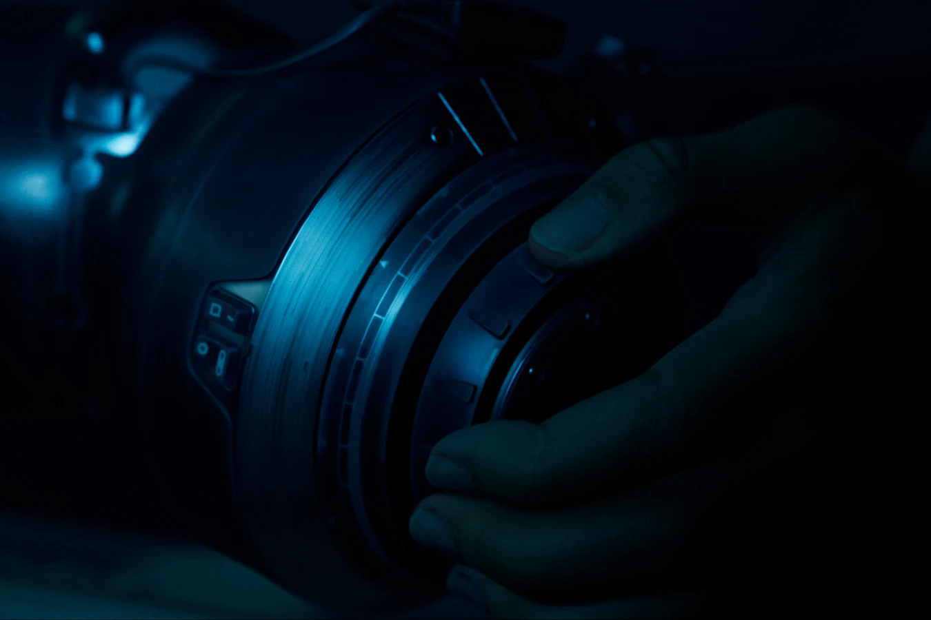 Hands turning a large camera lens in a dark room in Blade Runner 2033: Labyrinth