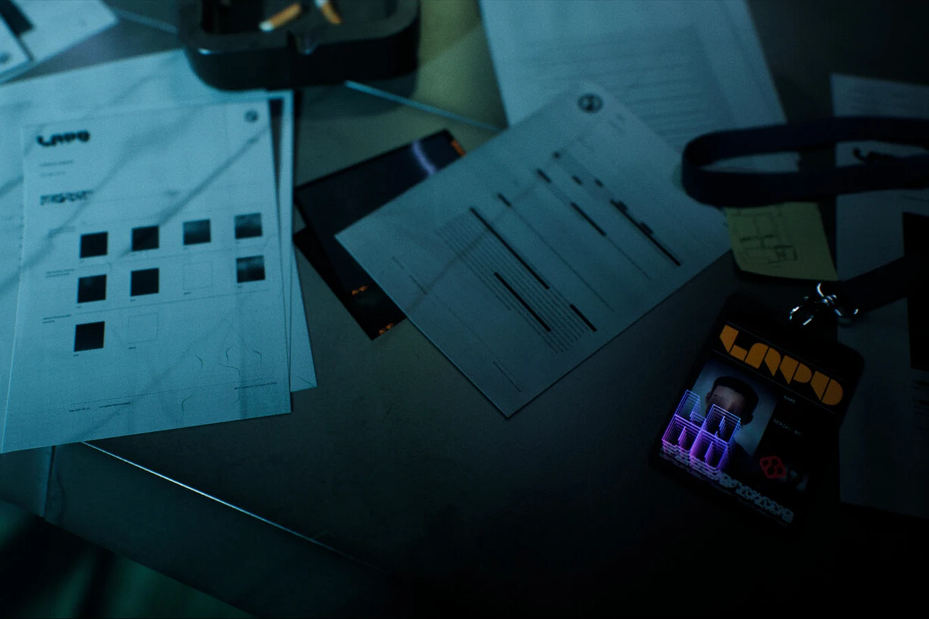 LAPD case papers and an identity badge on a desk in Blade Runner 2033: Labyrinth