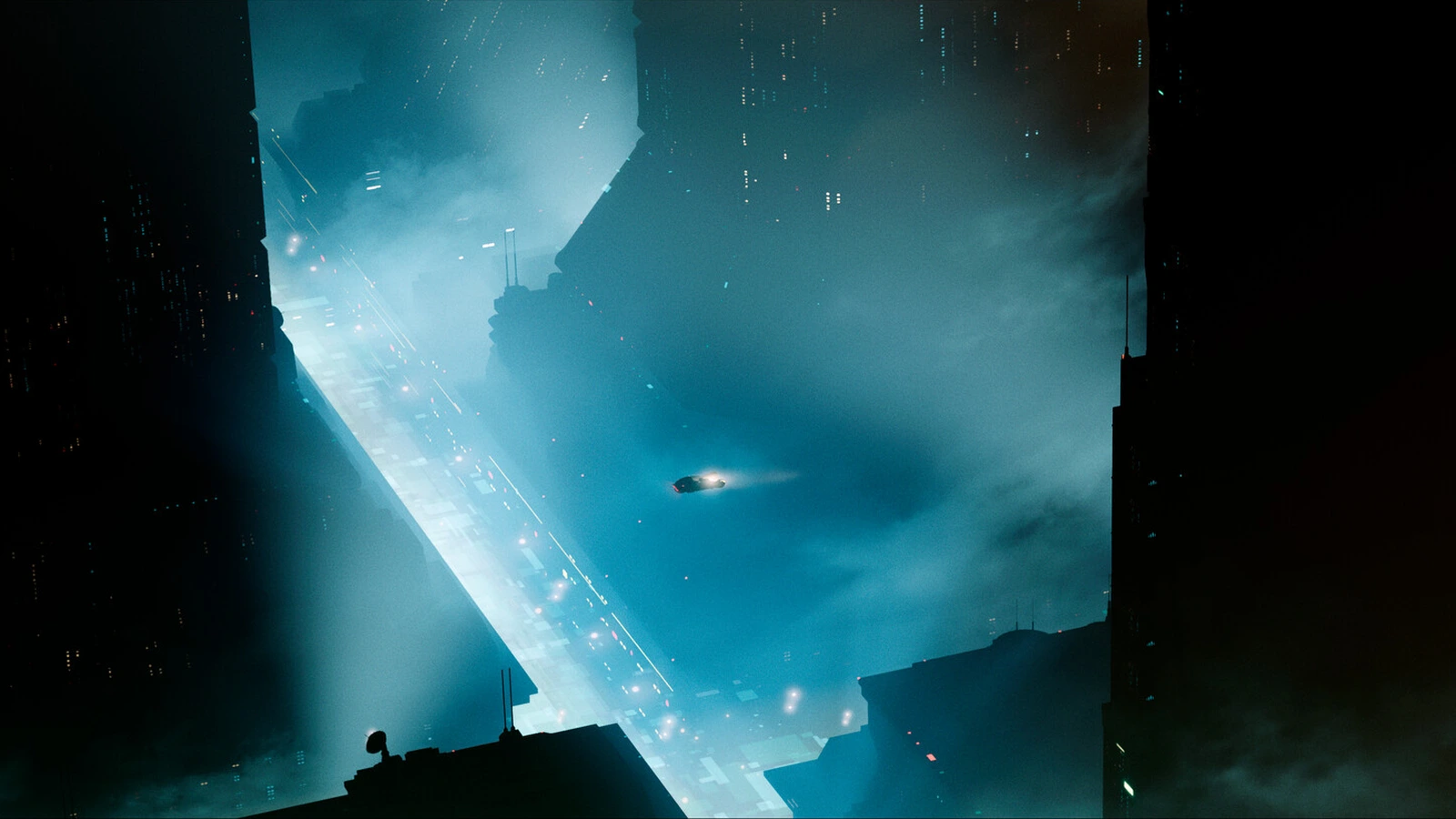 A spinner flying between dark towers over Los Angeles in Blade Runner 2033: Labyrinth
