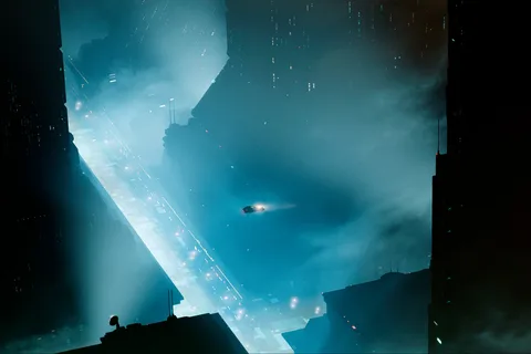 A spinner flying between dark towers over Los Angeles in Blade Runner 2033: Labyrinth