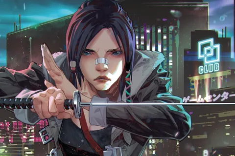 Kael Ngu's cover A for Blade Runner: Black Lotus: Las Vegas #1, with Elle crouching with a katana beneath the neon signs of a casino city