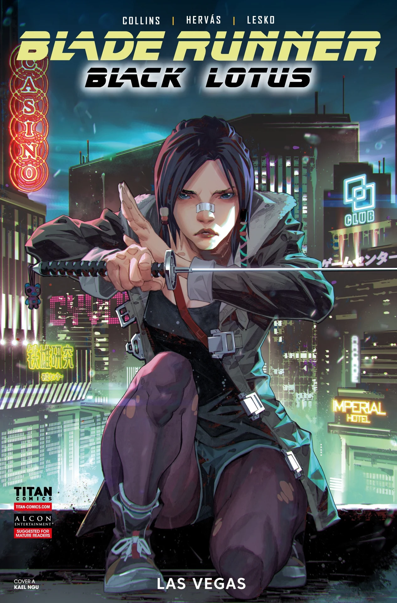 Kael Ngu's cover A for Blade Runner: Black Lotus: Las Vegas #1, with Elle crouching with a katana beneath the neon signs of a casino city