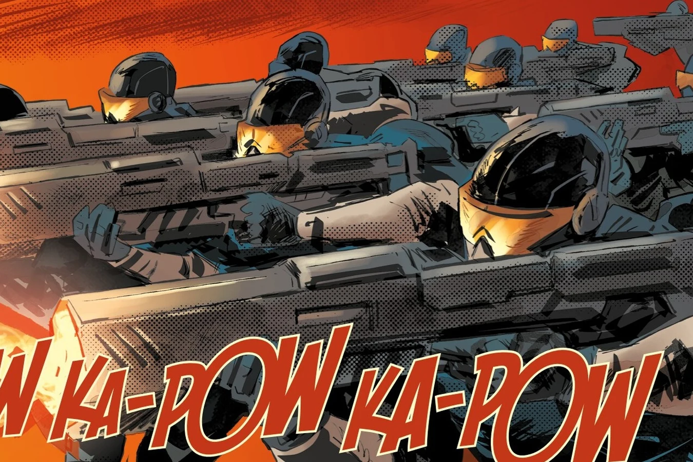 A line of helmeted Brekker Solutions mercenaries opening fire across the desert in Blade Runner: Black Lotus: Las Vegas #1