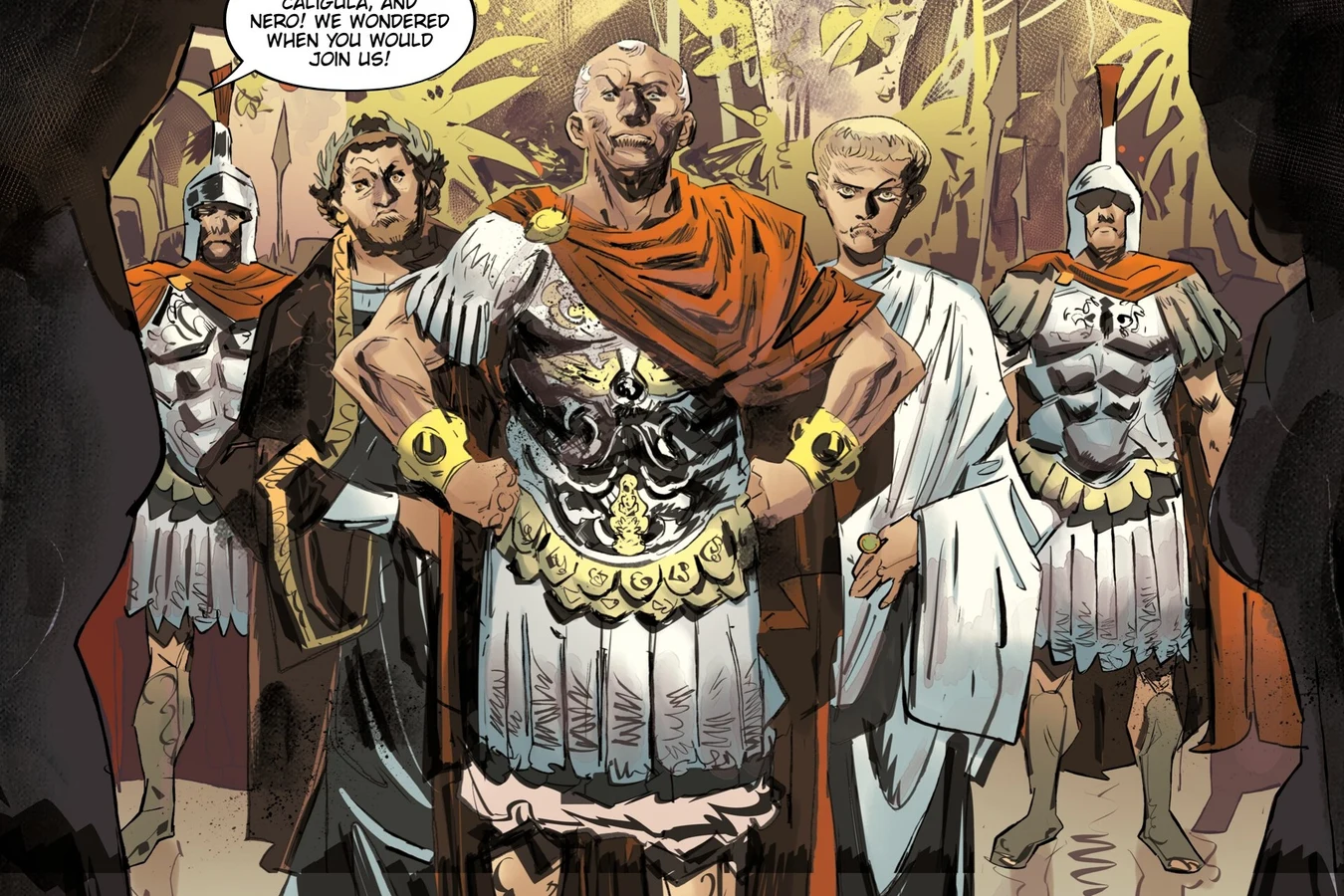 Julius Caesar arriving with his Roman court and legionaries to meet the queens of Paradise in Blade Runner: Black Lotus: Las Vegas #2