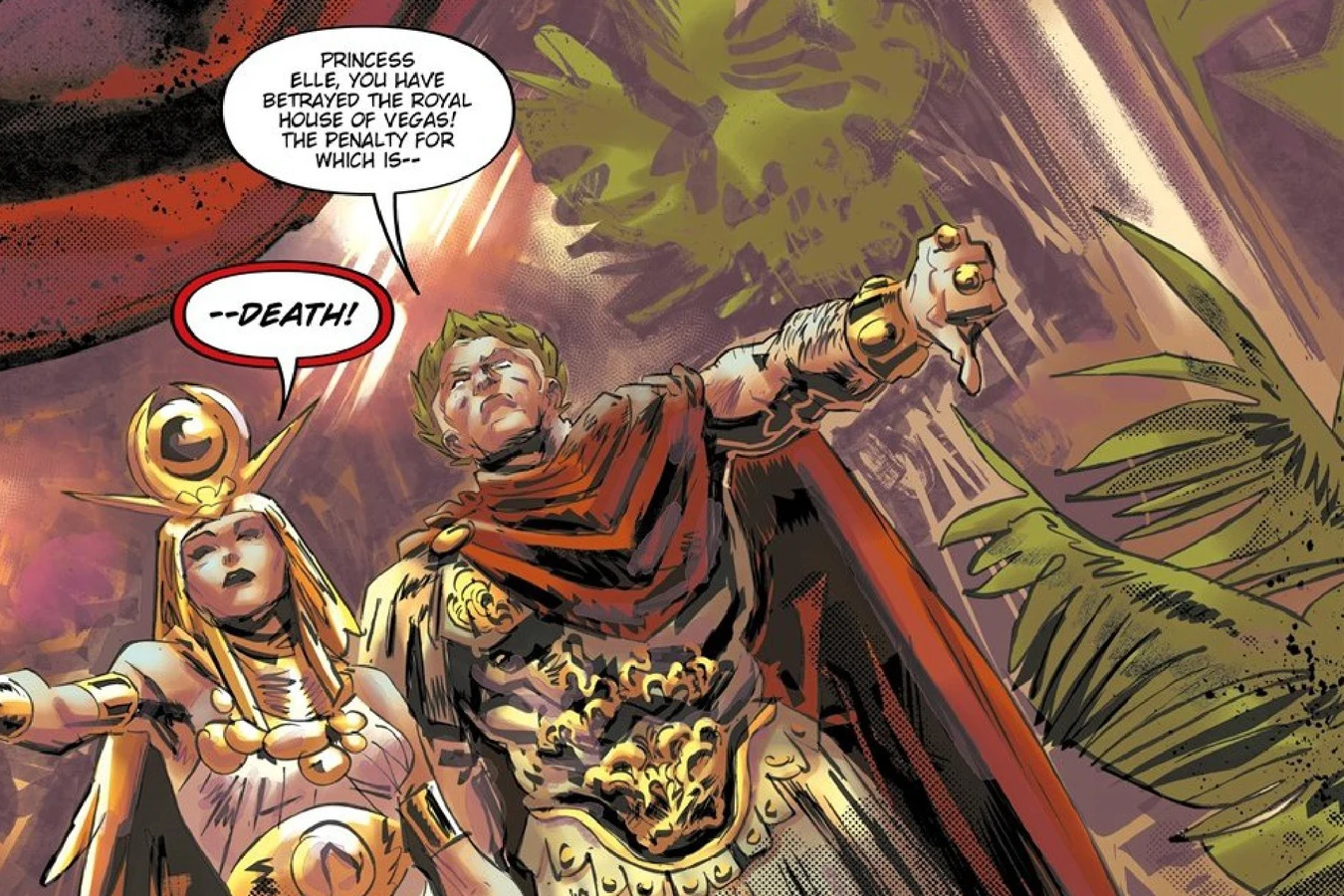 Cleopatra and Julius Caesar standing in the royal box as Cleopatra condemns Elle to death in Blade Runner: Black Lotus: Las Vegas #3