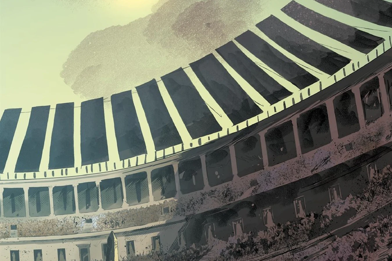 The vast colosseum of the Roman replicants under a pale sun in the ruins of Las Vegas in Blade Runner: Black Lotus: Las Vegas #3