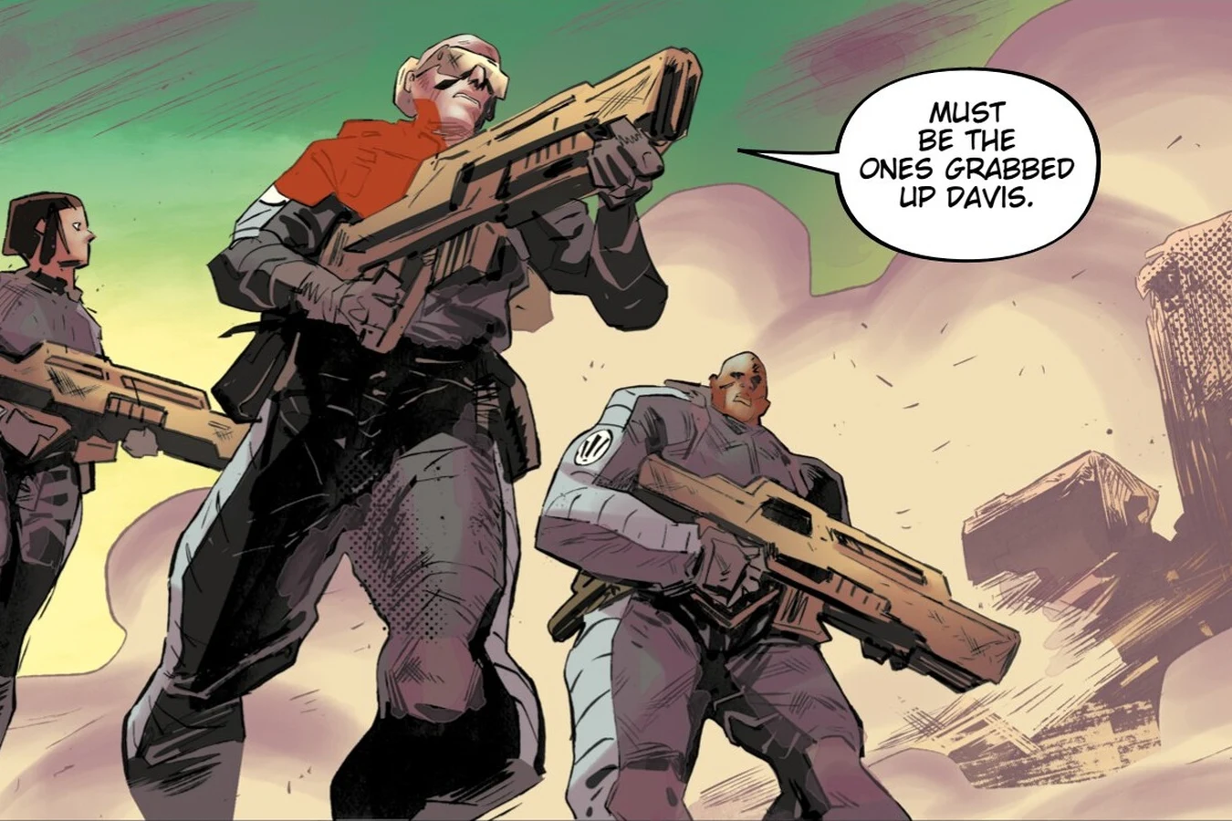 Kate Marlow and the surviving Doll Squad soldiers advancing through the ruins of Las Vegas with rifles in Blade Runner: Black Lotus: Las Vegas #4