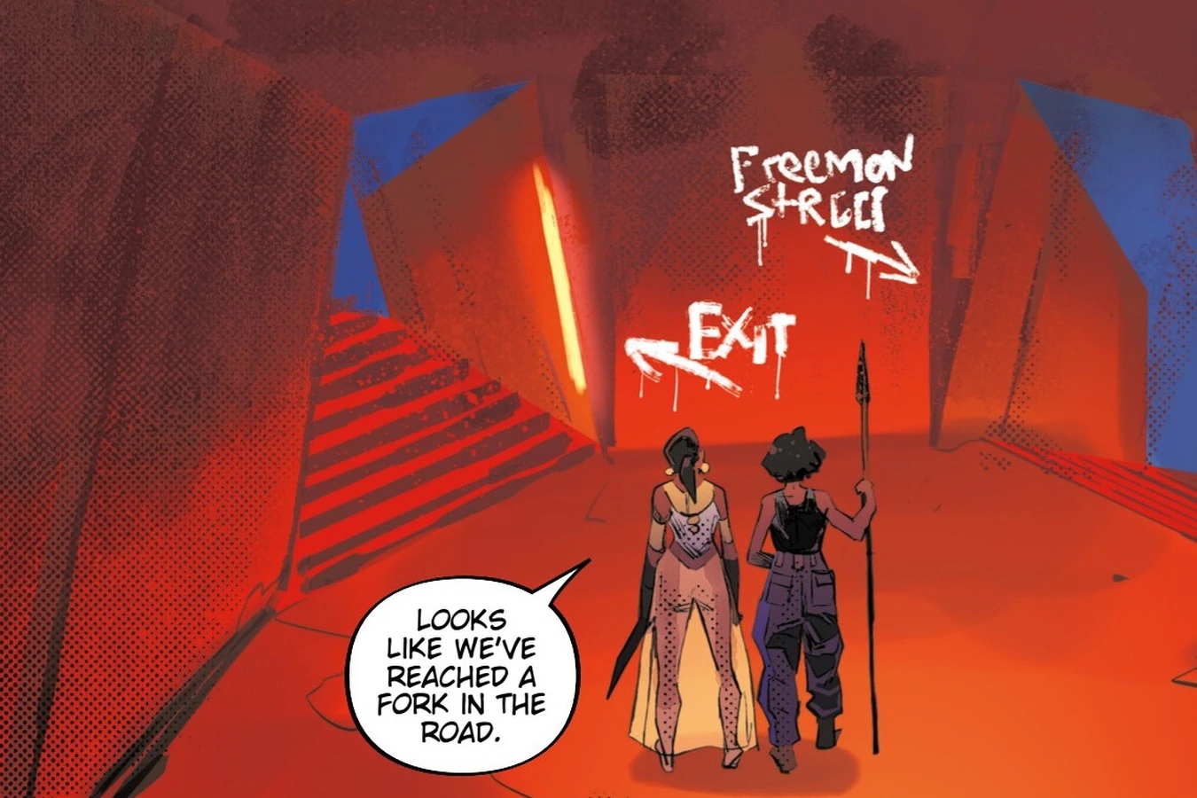 Elle and Davis standing beneath a Fremont Street exit sign where the tunnels divide in Blade Runner: Black Lotus: Las Vegas #4
