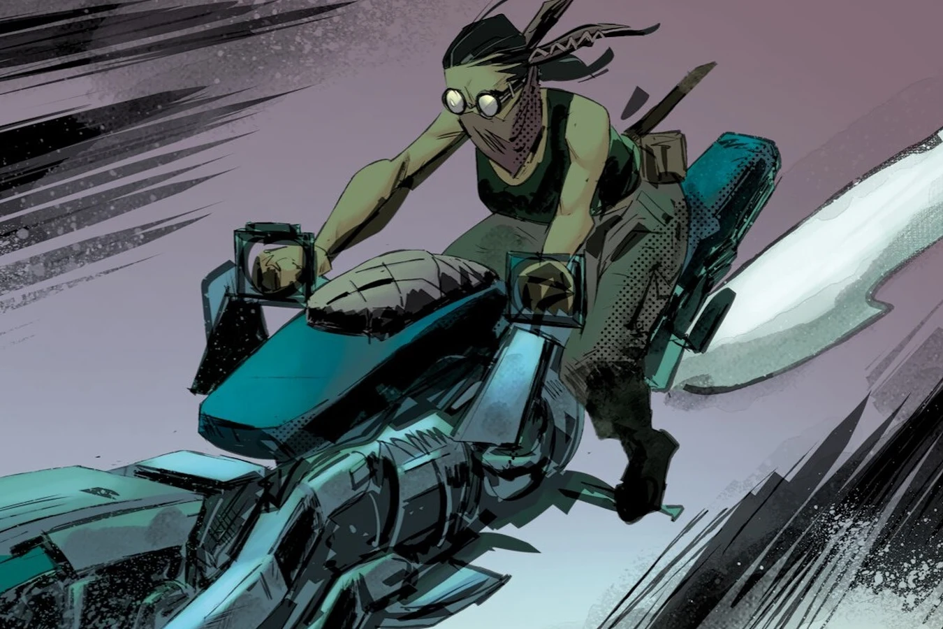 Elle racing her spinner bike across the desert toward the ruins of Las Vegas in Blade Runner: Black Lotus: Las Vegas #1