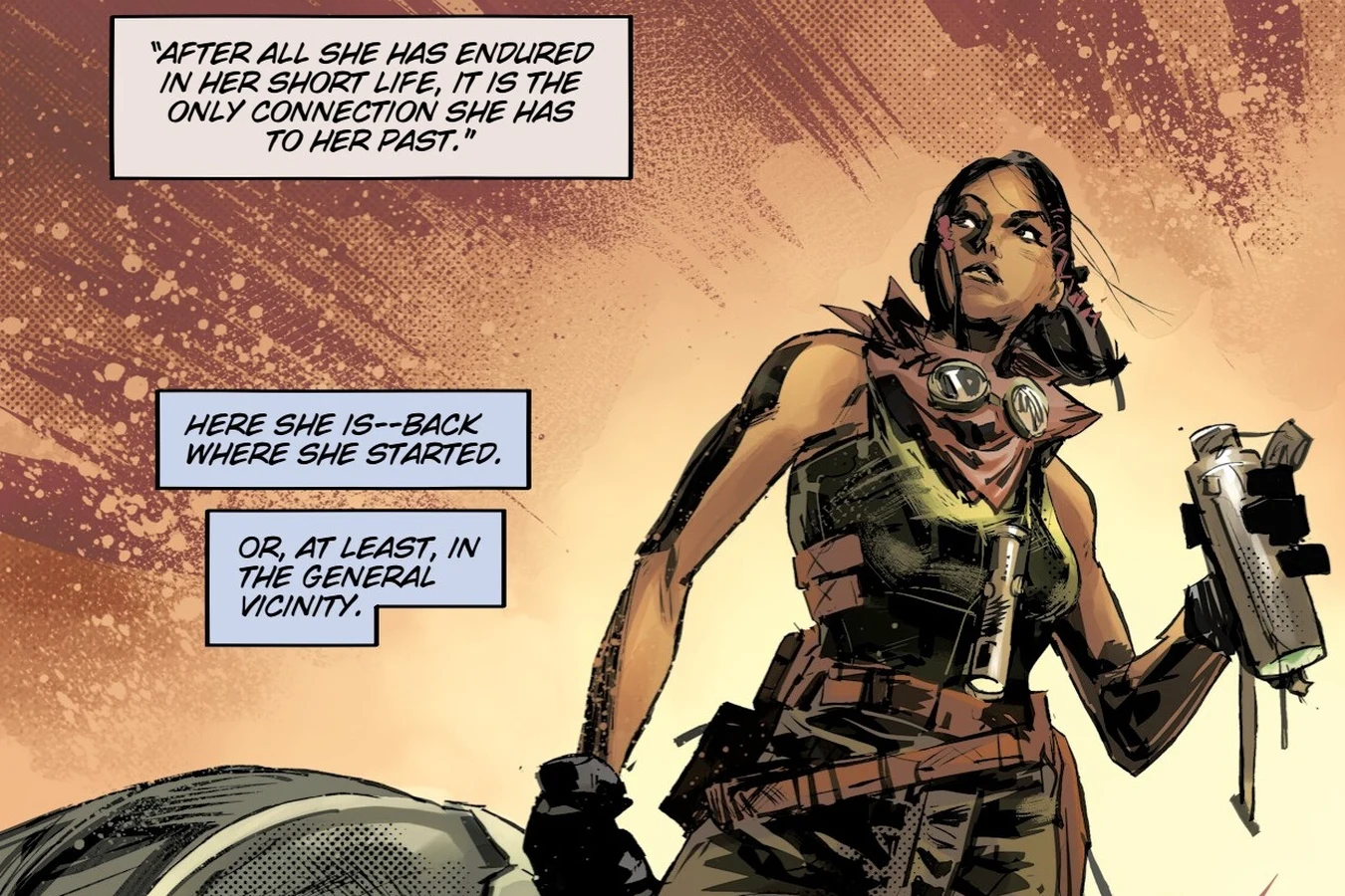 Elle standing on her spinner bike in the desert outside Las Vegas in Blade Runner: Black Lotus: Las Vegas #1