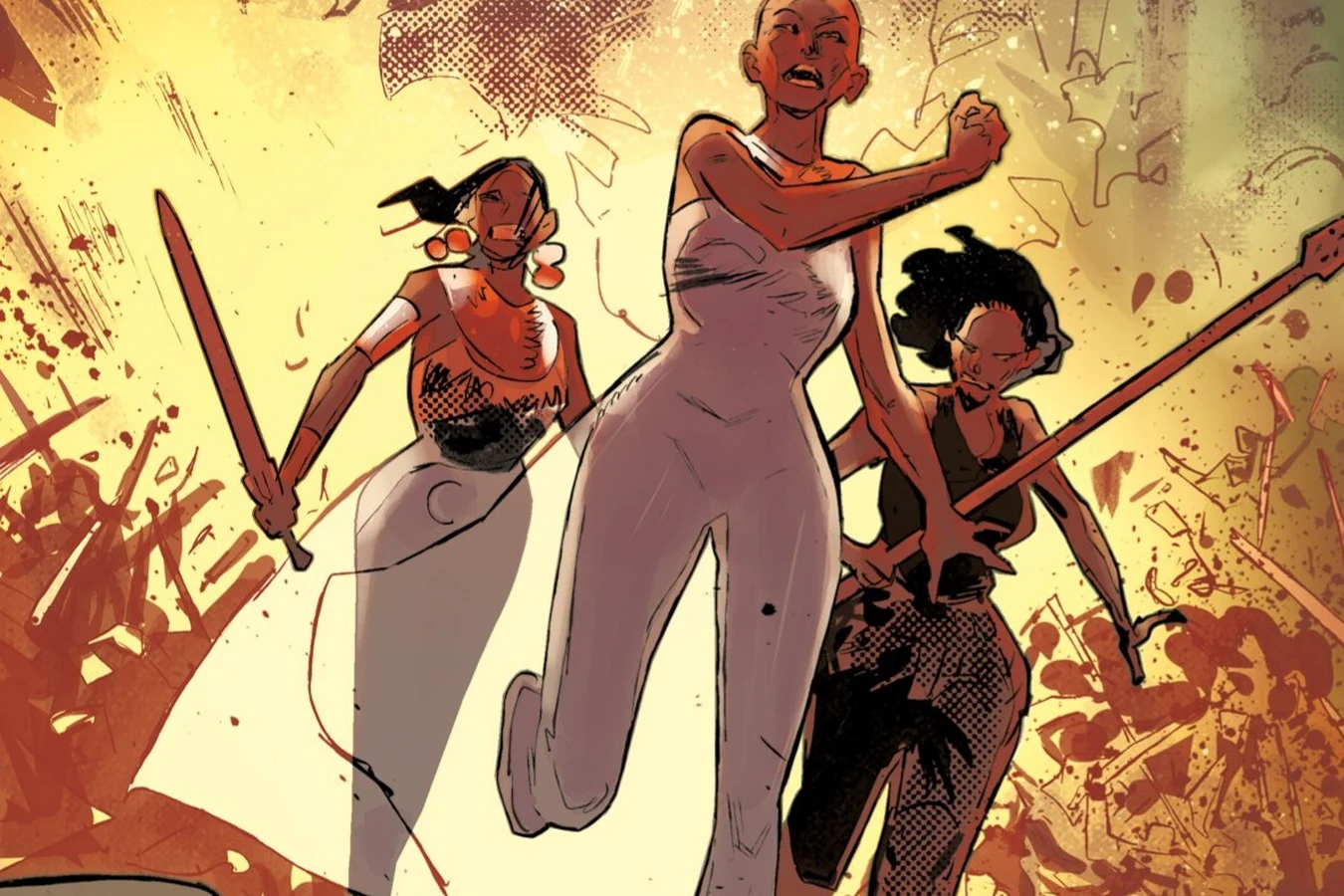 Elle, Davis and a human servant fleeing the burning arena with weapons in hand in Blade Runner: Black Lotus: Las Vegas #4
