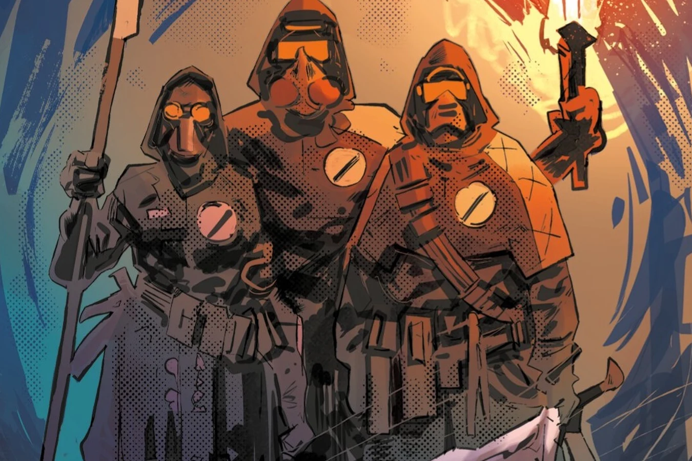 Three masked and hooded members of the Semita standing over Elle in the tunnels beneath Las Vegas in Blade Runner: Black Lotus: Las Vegas #4