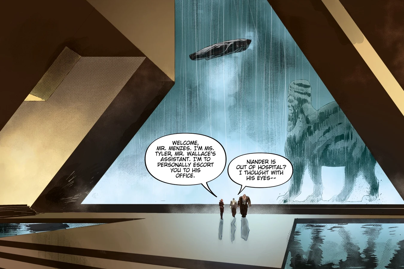 Menzes walking through the vast atrium of Wallace Corporation headquarters in Los Angeles in Blade Runner: Black Lotus: Las Vegas #1