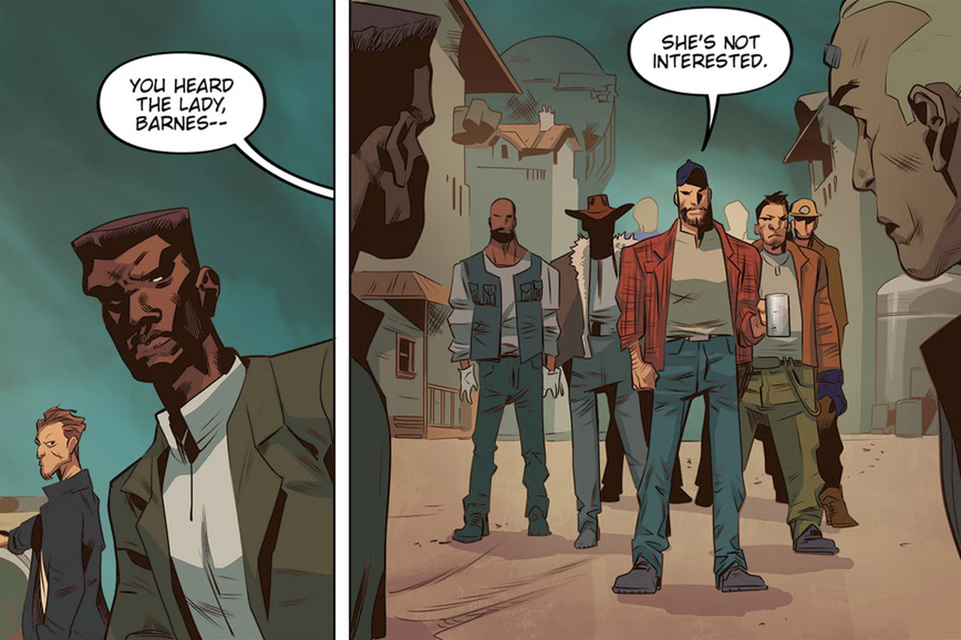 Fracktown workers stepping in to back Elle up as they tell Barnes that she is not interested in Blade Runner: Black Lotus #1