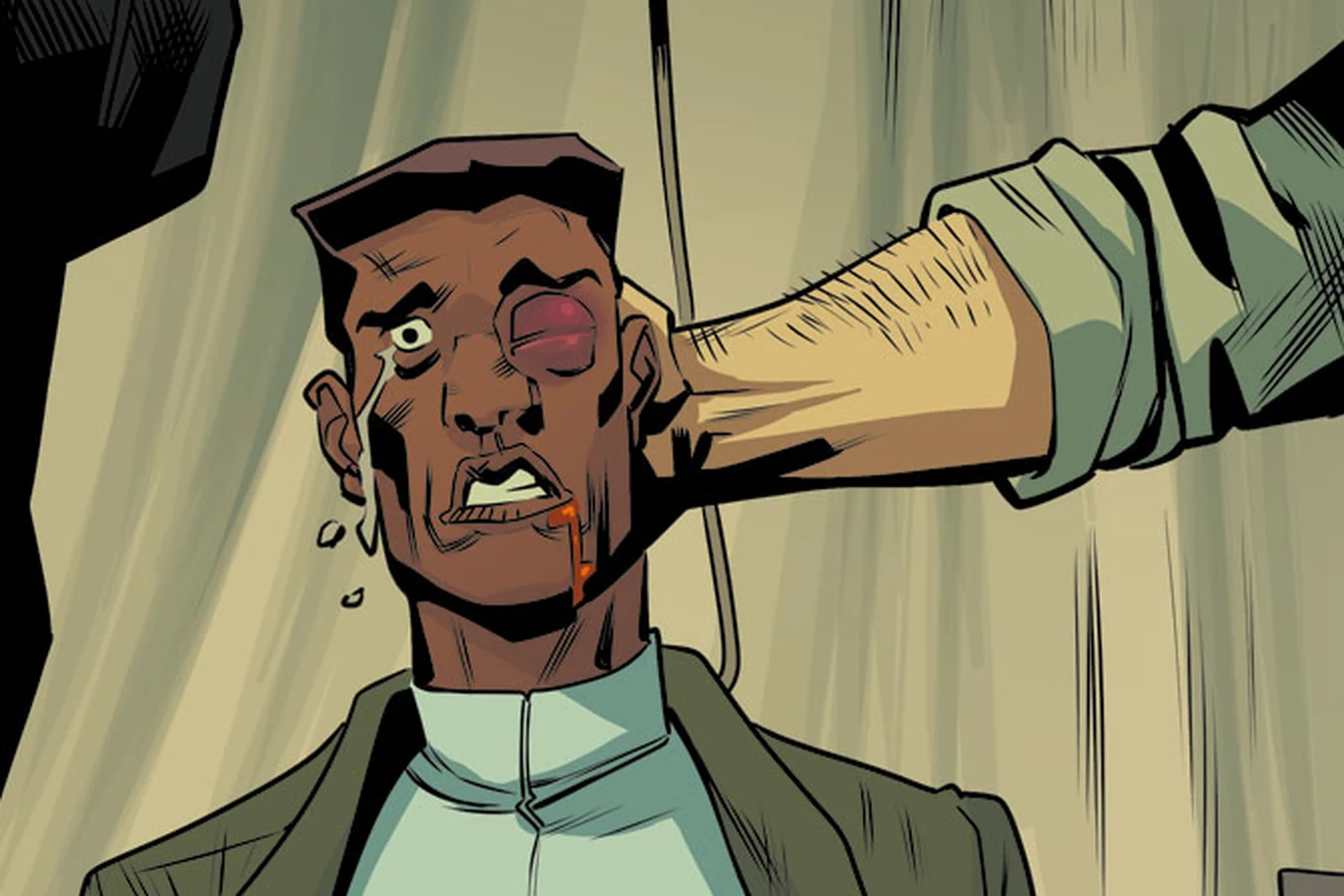 A battered Dixon held by the jaw as he is questioned at the co-op in Blade Runner: Black Lotus #2