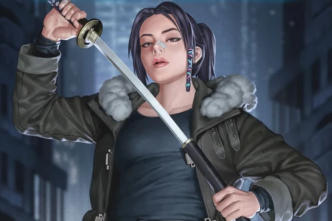 Junggeun Yoon's cover A for Blade Runner: Black Lotus #1, with Elle in a fur-trimmed coat holding a katana on a rooftop above Los Angeles