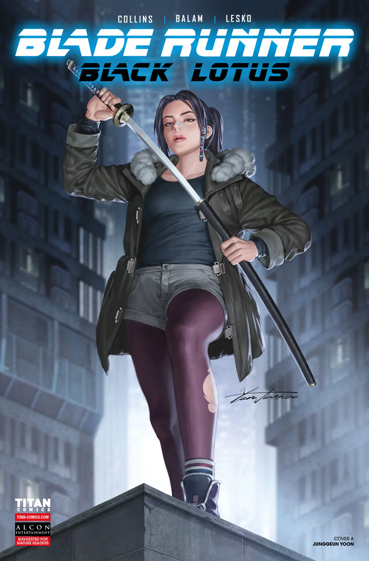 Junggeun Yoon's cover A for Blade Runner: Black Lotus #1, with Elle in a fur-trimmed coat holding a katana on a rooftop above Los Angeles
