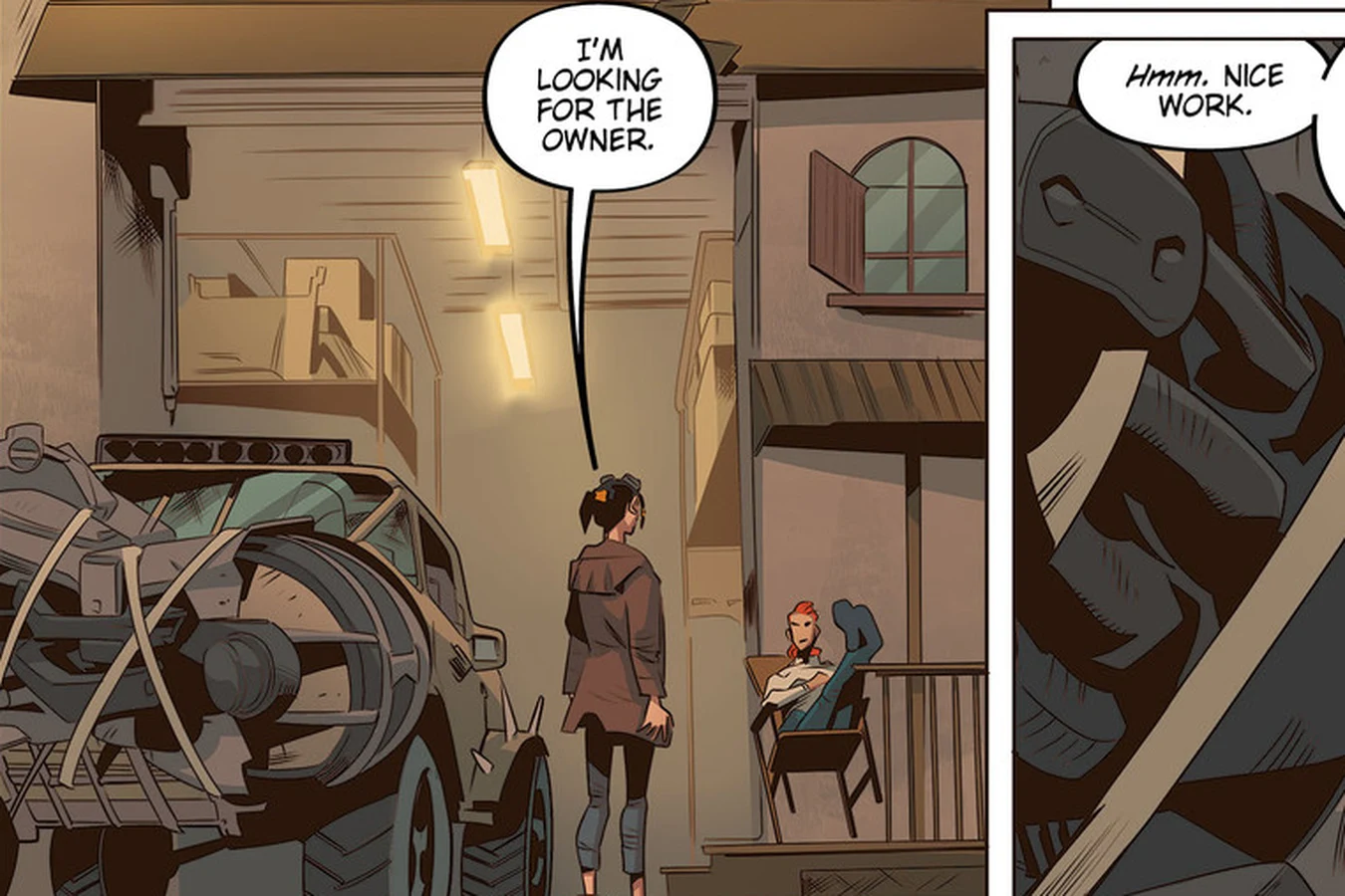 Elle standing beside the bandits' truck outside Junkett Jones's garage as Junkett watches from the porch in Blade Runner: Black Lotus #1